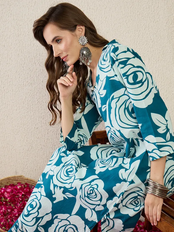 Teal_Printed_Pure_Cotton_Kurta_Trouser_Set