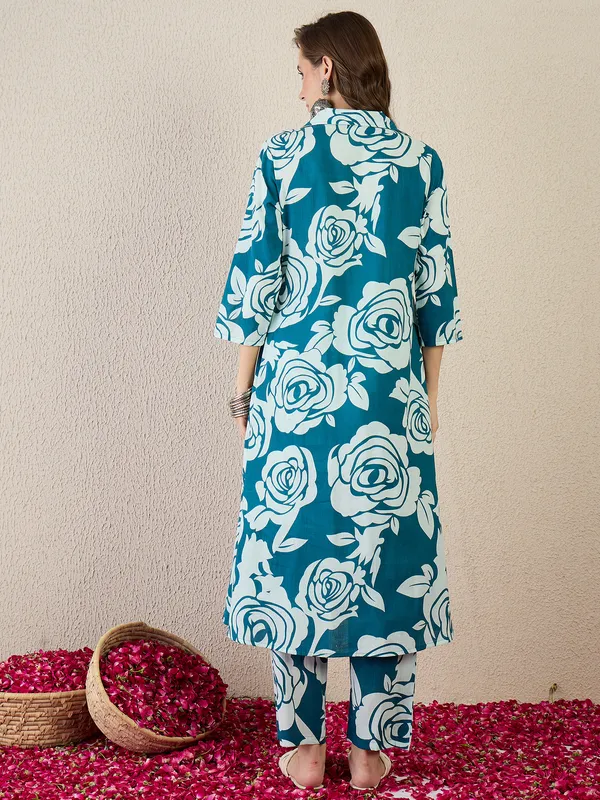 Teal_Printed_Pure_Cotton_Kurta_Trouser_Set