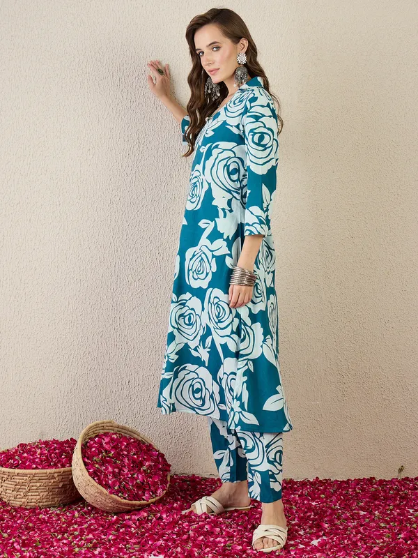 Teal_Printed_Pure_Cotton_Kurta_Trouser_Set