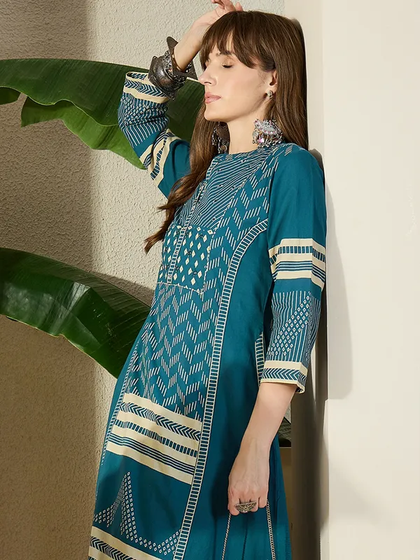 Teal_Printed_Pure_Cotton_Kurta_Trouser_Set