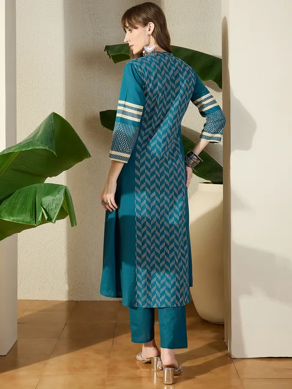 Teal_Printed_Pure_Cotton_Kurta_Trouser_Set