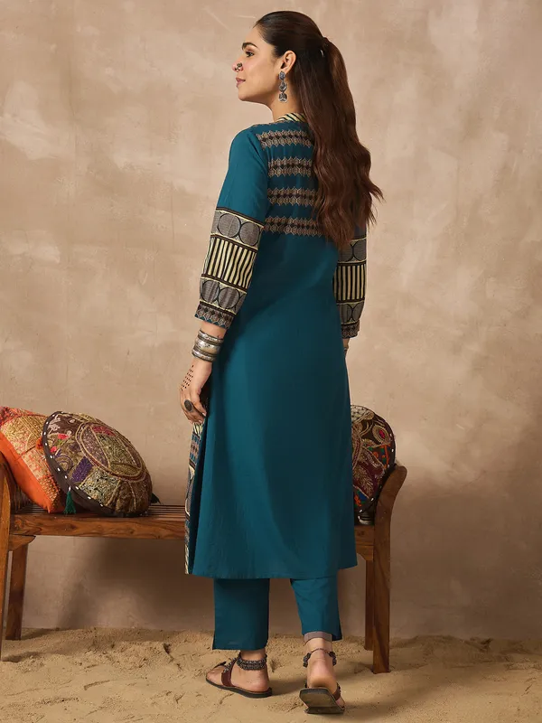 Teal_Printed_Pure_Cotton_Kurta_Trouser_Set
