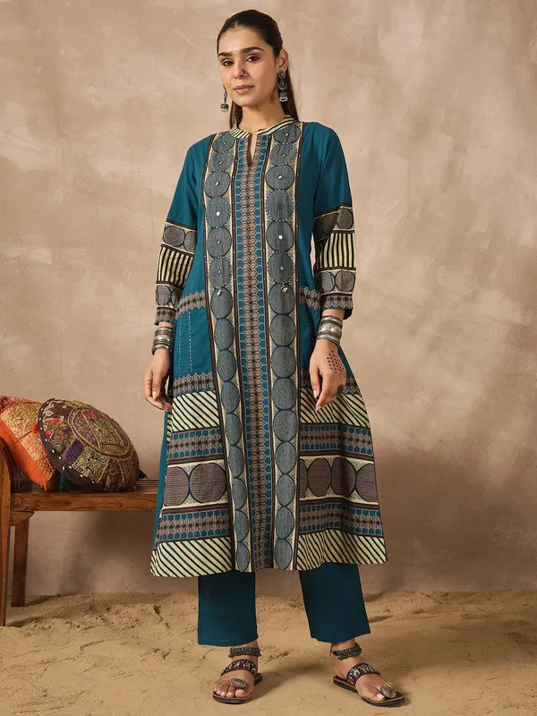 Teal_Printed_Pure_Cotton_Kurta_Trouser_Set