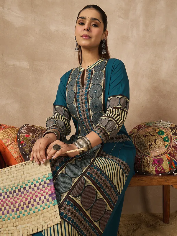 Teal_Printed_Pure_Cotton_Kurta_Trouser_Set