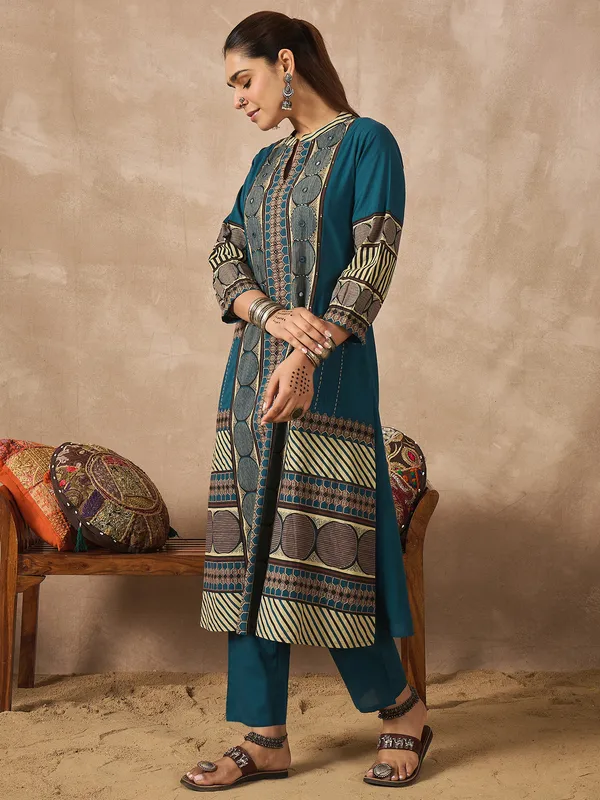 Teal_Printed_Pure_Cotton_Kurta_Trouser_Set