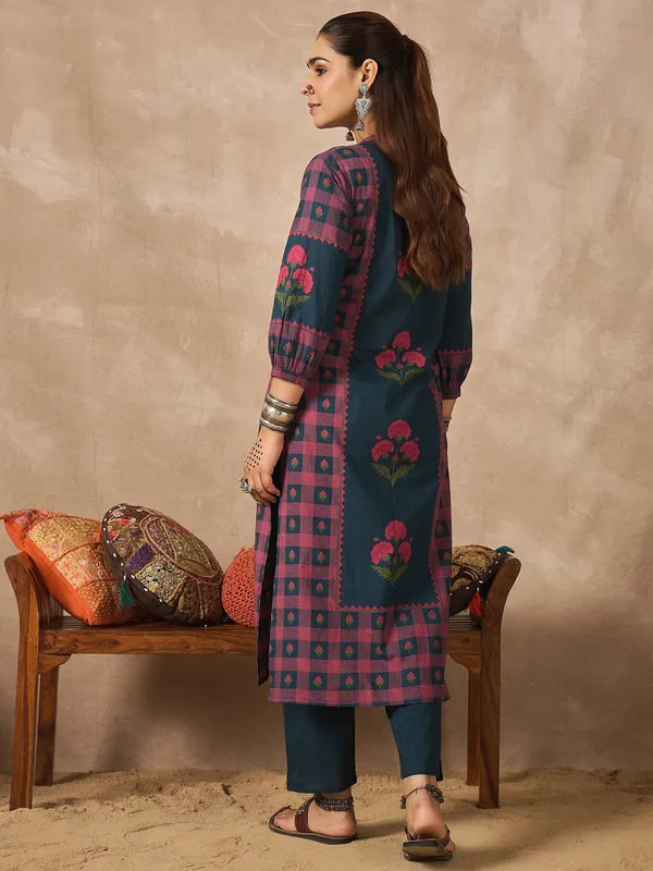 Teal_Printed_Pure_Cotton_Kurta_Trouser_Set