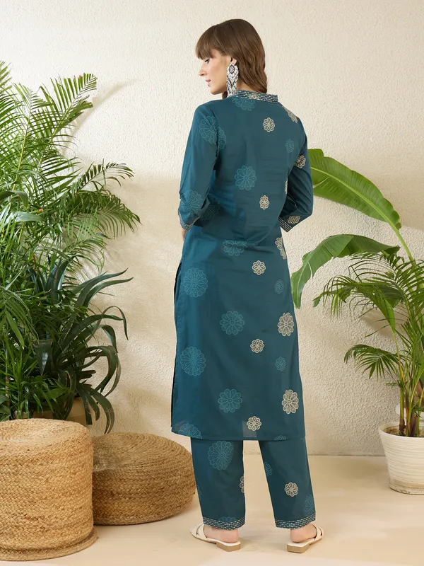 Teal_Printed_Pure_Cotton_Kurta_Trouser_Set