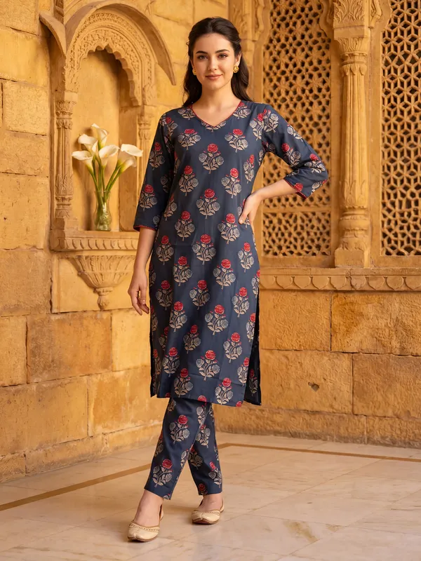 Teal_Printed_Pure_Cotton_Kurta_Trouser_Set