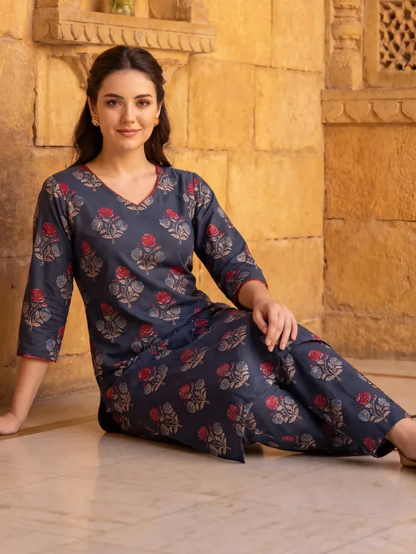 Teal_Printed_Pure_Cotton_Kurta_Trouser_Set