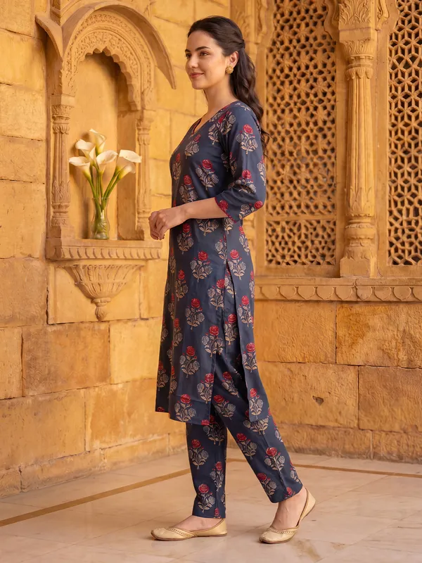 Teal_Printed_Pure_Cotton_Kurta_Trouser_Set
