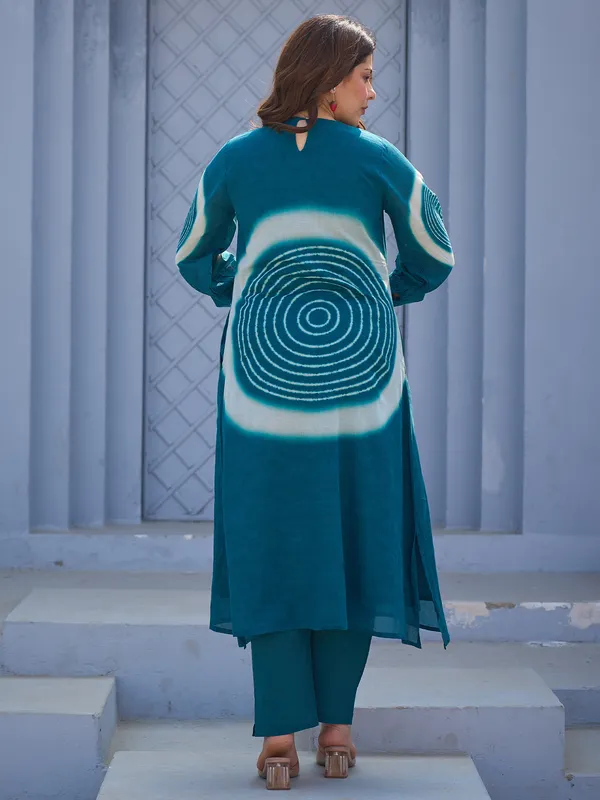 Teal_Printed_Pure_Cotton_Kurta_Trouser_Set