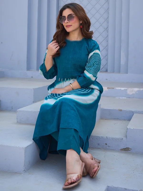 Teal_Printed_Pure_Cotton_Kurta_Trouser_Set