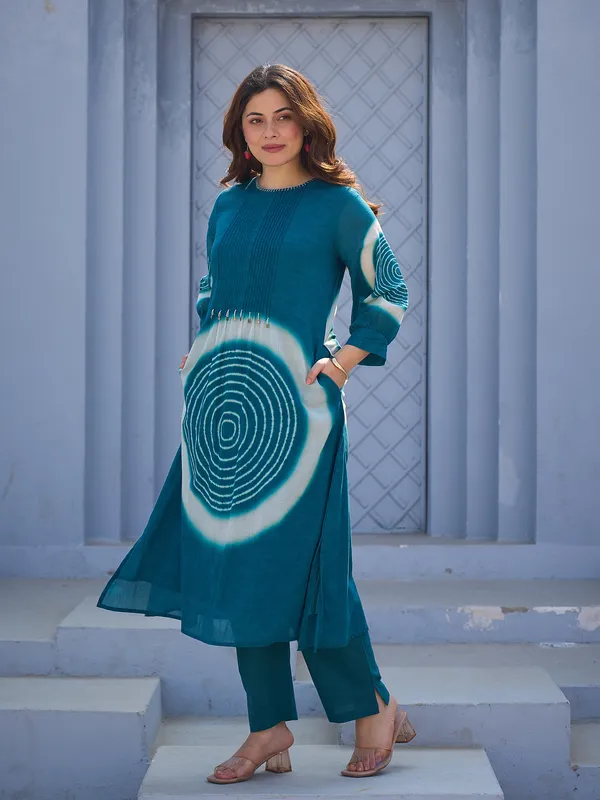 Teal_Printed_Pure_Cotton_Kurta_Trouser_Set