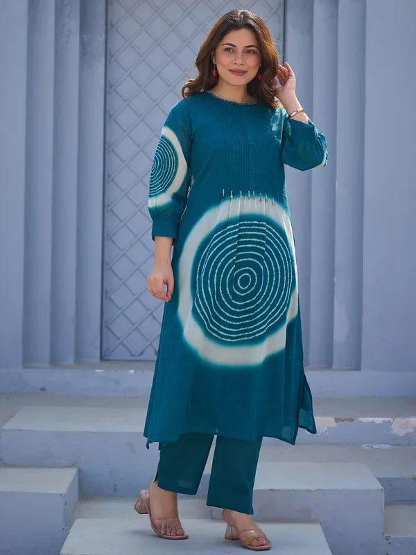 Teal_Printed_Pure_Cotton_Kurta_Trouser_Set