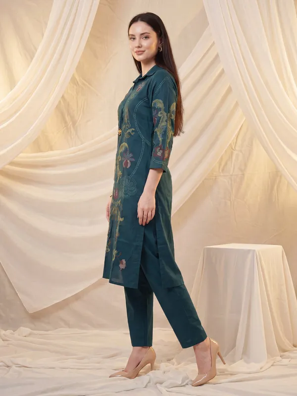 Teal_Printed_Pure_Cotton_Kurta_Trouser_Set