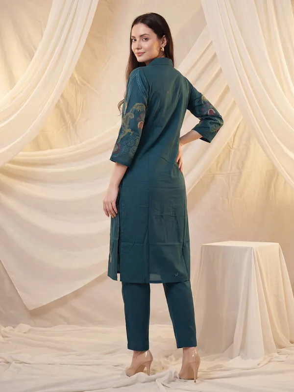 Teal_Printed_Pure_Cotton_Kurta_Trouser_Set