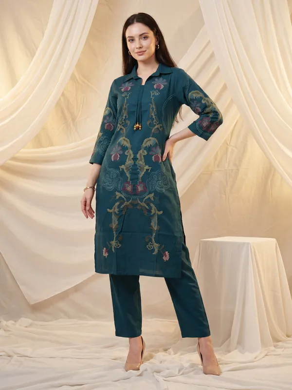 Teal_Printed_Pure_Cotton_Kurta_Trouser_Set