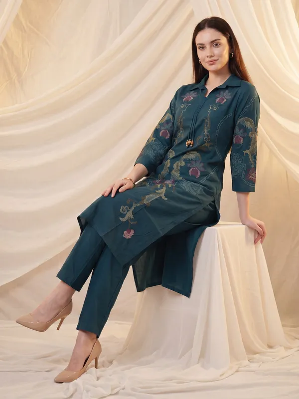 Teal_Printed_Pure_Cotton_Kurta_Trouser_Set