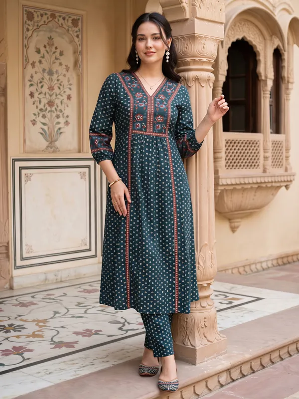 Teal_Printed_Pure_Cotton_Kurta_Trouser_Set