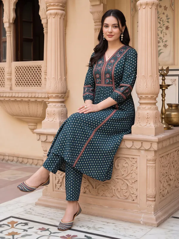 Teal_Printed_Pure_Cotton_Kurta_Trouser_Set