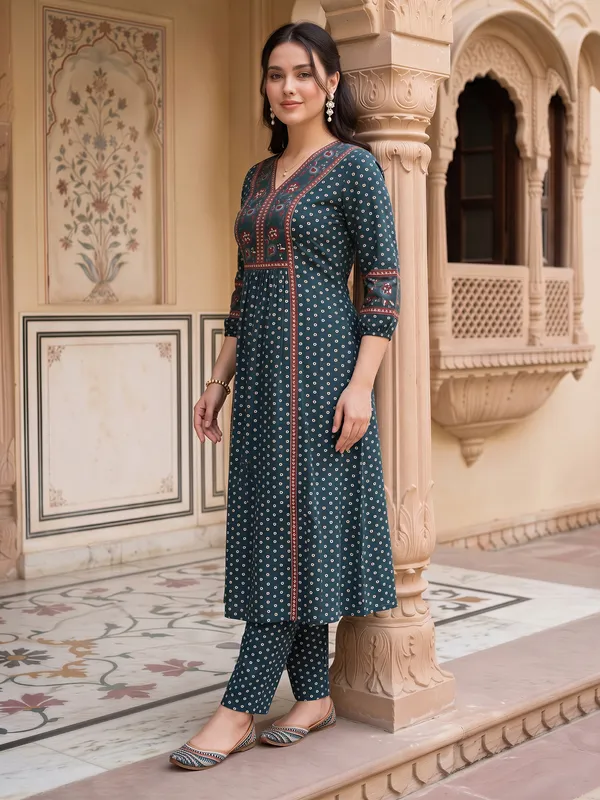 Teal_Printed_Pure_Cotton_Kurta_Trouser_Set