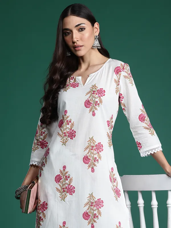 White_Printed_Pure_Cotton_Kurta_Trouser_Set