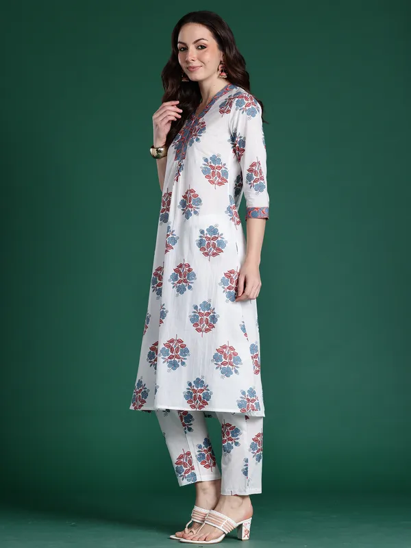 White_Printed_Pure_Cotton_Kurta_Trouser_Set