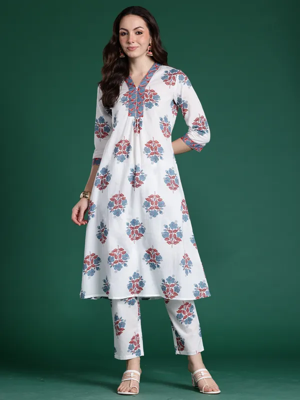 White_Printed_Pure_Cotton_Kurta_Trouser_Set
