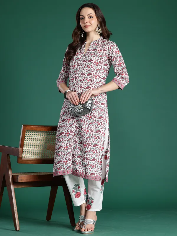 White_Printed_Pure_Cotton_Kurta_Trouser_Set