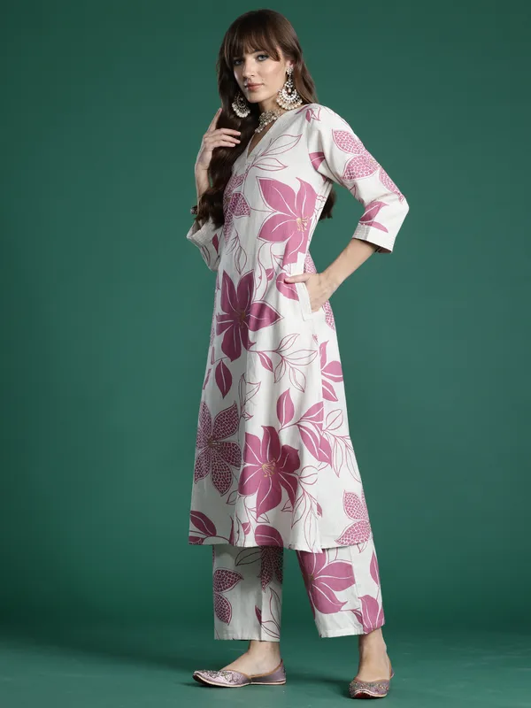 White_Printed_Pure_Cotton_Kurta_Trouser_Set