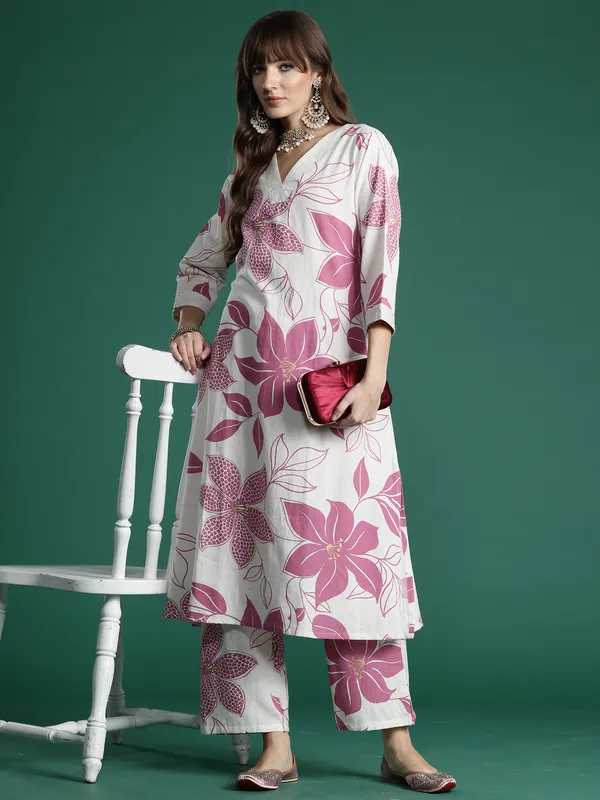 White_Printed_Pure_Cotton_Kurta_Trouser_Set