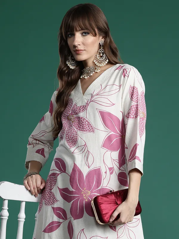 White_Printed_Pure_Cotton_Kurta_Trouser_Set