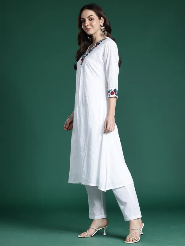 White_Embroidered_Pure_Cotton_Kurta_Trouser_Set