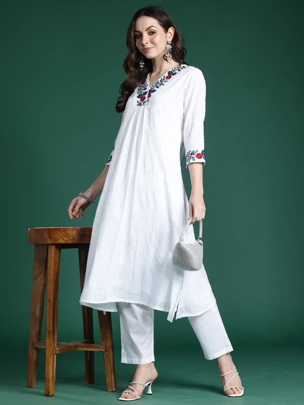 White_Embroidered_Pure_Cotton_Kurta_Trouser_Set