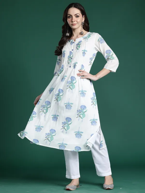 White_Printed_Pure_Cotton_Kurta_Trouser_Set