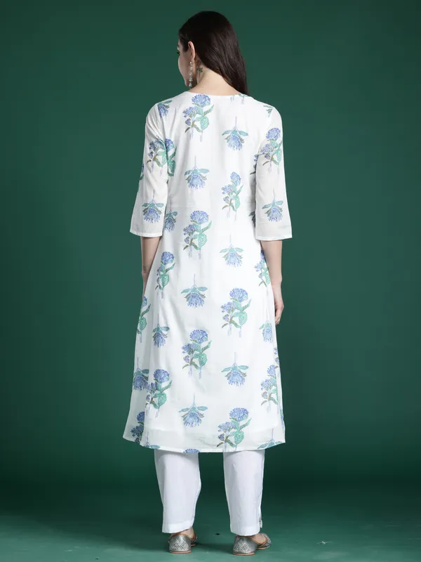 White_Printed_Pure_Cotton_Kurta_Trouser_Set
