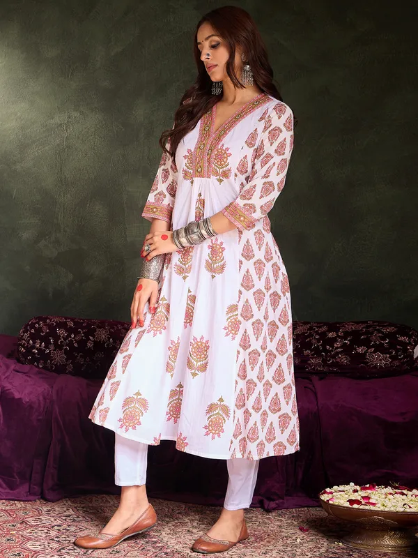White_Printed_Pure_Cotton_Kurta_Trouser_Set