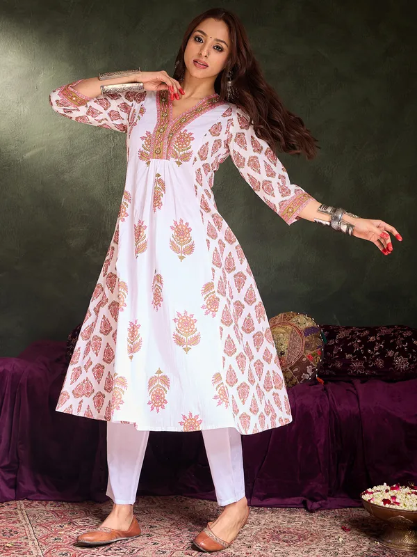 White_Printed_Pure_Cotton_Kurta_Trouser_Set