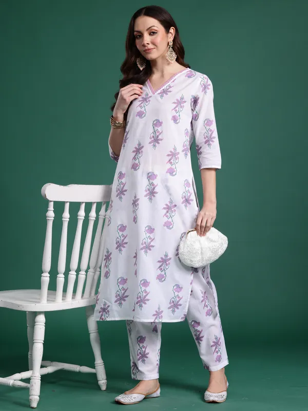 White_Printed_Pure_Cotton_Kurta_Trouser_Set
