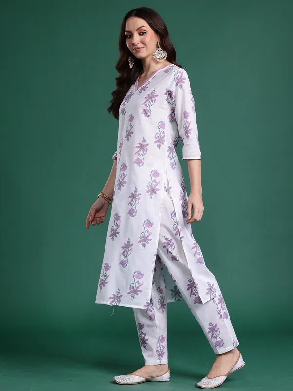 White_Printed_Pure_Cotton_Kurta_Trouser_Set