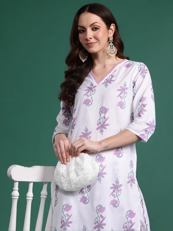 White_Printed_Pure_Cotton_Kurta_Trouser_Set