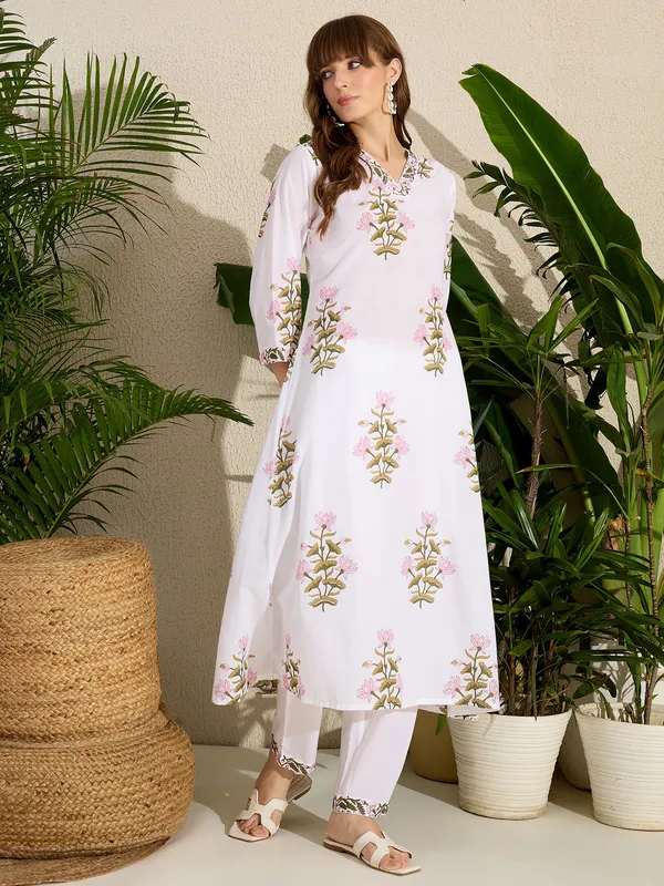 White_Printed_Pure_Cotton_Kurta_Trouser_Set