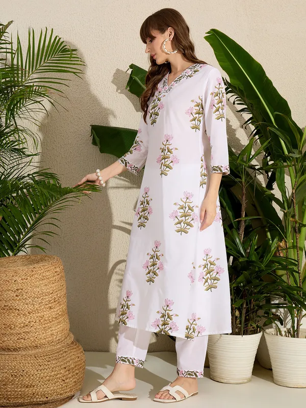 White_Printed_Pure_Cotton_Kurta_Trouser_Set