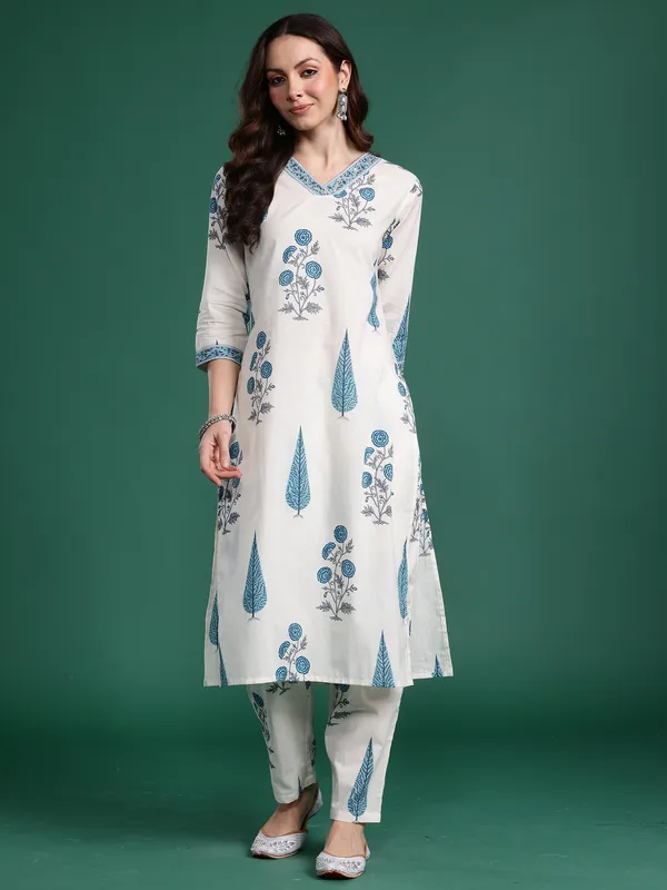 White_Printed_Pure_Cotton_Kurta_Trouser_Set