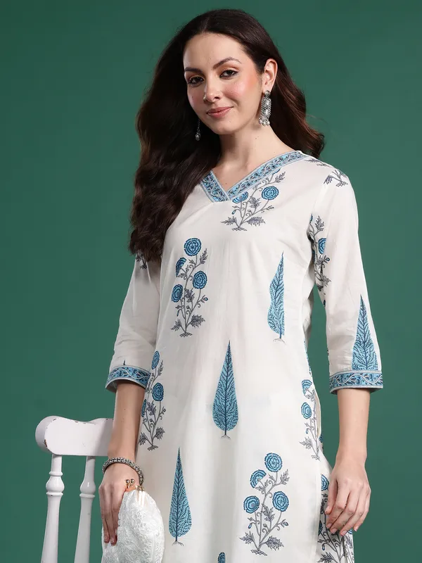 White_Printed_Pure_Cotton_Kurta_Trouser_Set