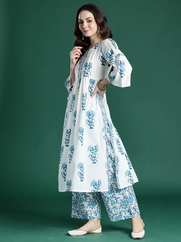 White_Printed_Pure_Cotton_Kurta_Trouser_Set