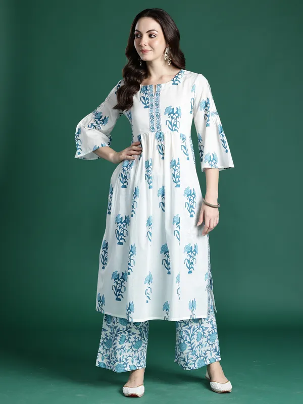 White_Printed_Pure_Cotton_Kurta_Trouser_Set