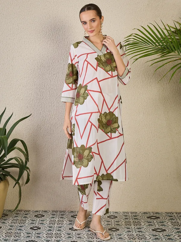 White_Printed_Pure_Cotton_Kurta_Trouser_Set