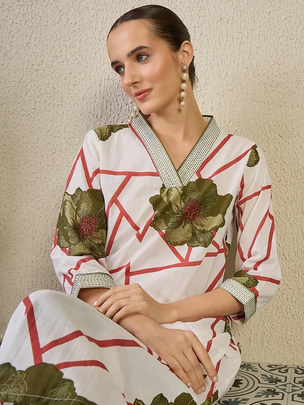 White_Printed_Pure_Cotton_Kurta_Trouser_Set