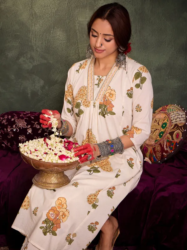 White_Printed_Pure_Cotton_Kurta_Trouser_Set